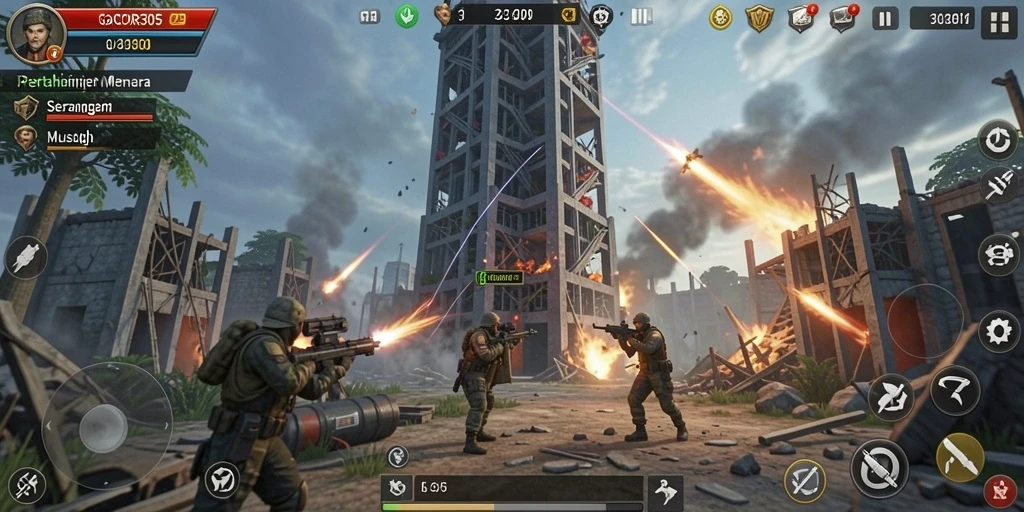 Tangkapan layar gameplay GACOR305 menunjukkan pertarungan menara yang mendebarkan.