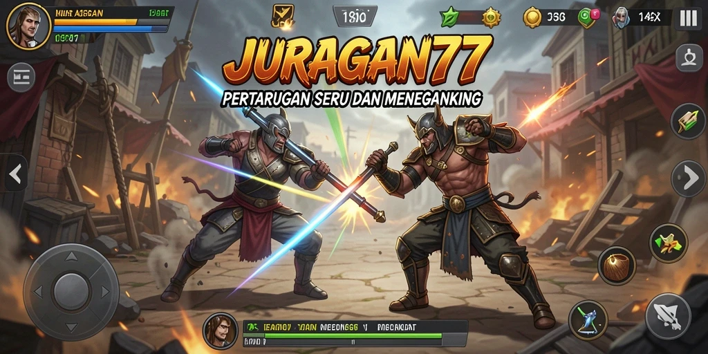 Screenshot utama JURAGAN77 menampilkan aksi pertarungan yang intens.