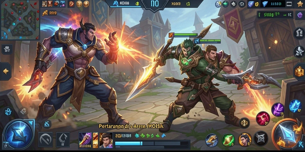 Screenshot utama RDI88 menunjukkan aksi pertarungan seru di arena MOBA.