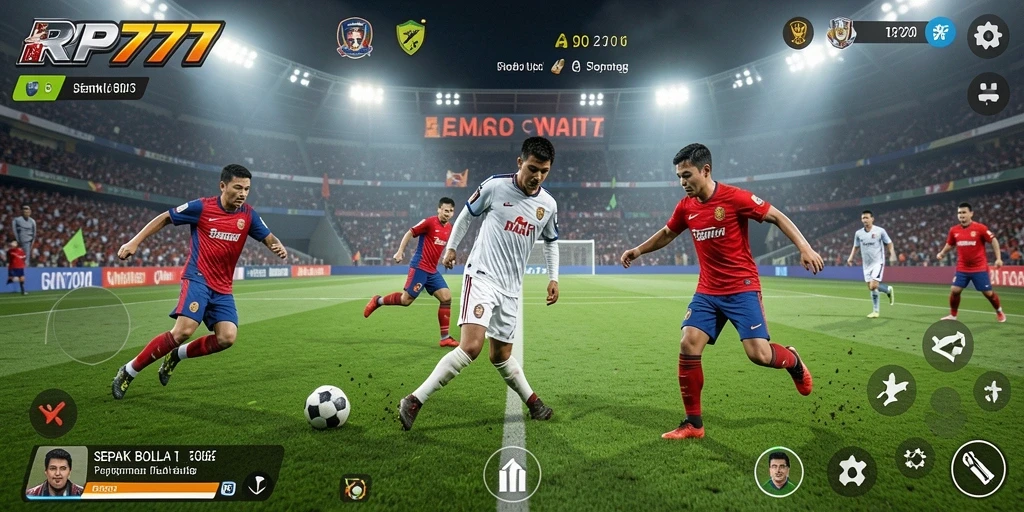 Tangkapan layar utama RP777 menampilkan aksi pertandingan sepak bola yang mendebarkan.